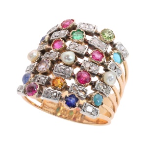 Circa 1880 Seven-Row Harem Ring with Diamonds and Gemstones